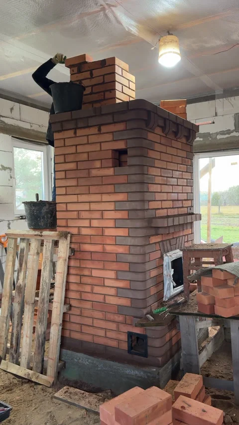 A master stove setter works and builds the masonry widening (flue) of a hea.. Video stock 324561935