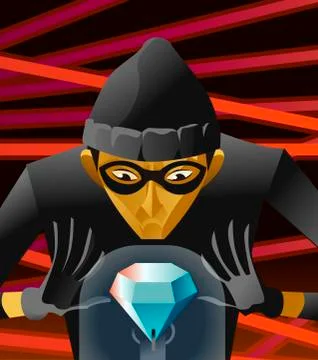 Master thief stealing a diamond in museum near laser rays alarm Stock Illustration