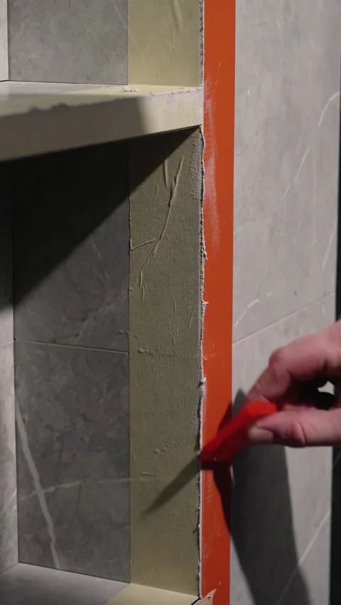 A master tiler applies and smooths epoxy grout on the corner of a tile Stock Footage 317901931