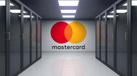 MasterCard logo on the wall of the server room. Editorial 3D rendering Stock Illustration