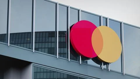 Mastercard Stock data presented on the logo of the office facade editorial Stock Photos