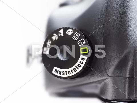 Masterpiece. close-up of photo camera switch mode . Stock Illustration