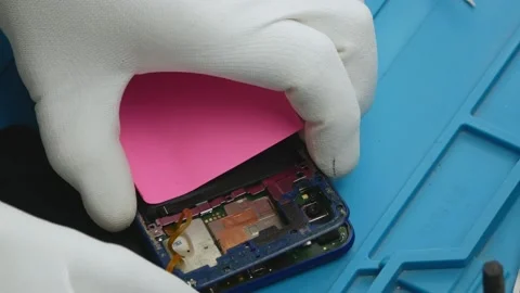 Master's work with small details of a smartphone.On a blue rubber mat. Stock Footage 145478779