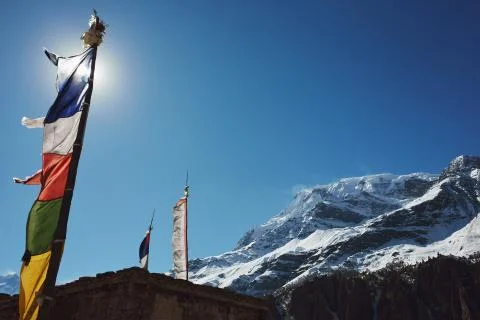 Masts with prayed flags in sunshine with snowy mountain in background. Stock Photos