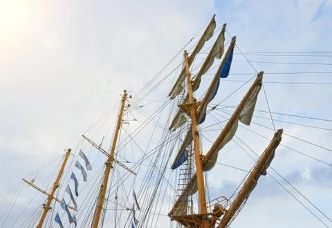 Masts of a sailing old ship Stock Photos