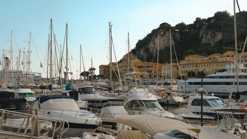 Masts of yachts swing on the waves in the port on the Cote d'Azur. Stock Footage 113353092