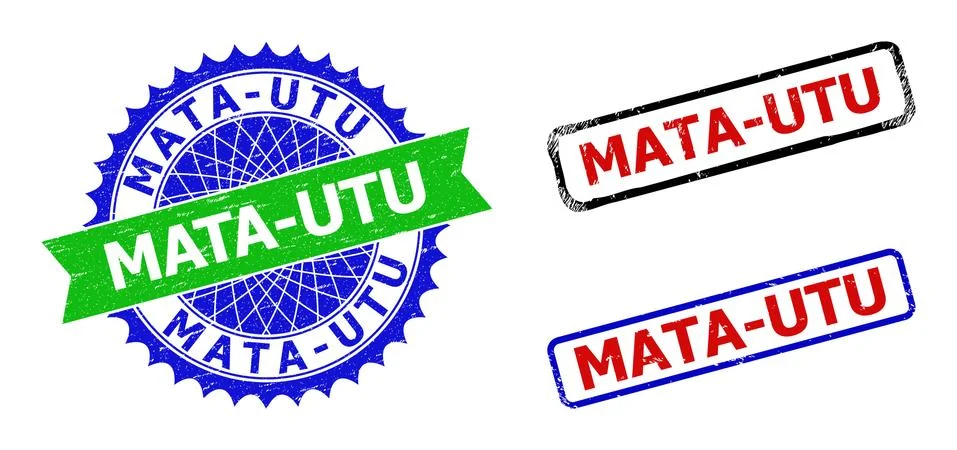 MATA-UTU Rosette and Rectangle Bicolor Stamp Seals with Corroded Textures Stock Illustration