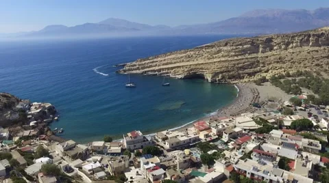 Matala Beach View Drone Shot - descending 2.7K Stock Footage 65491275