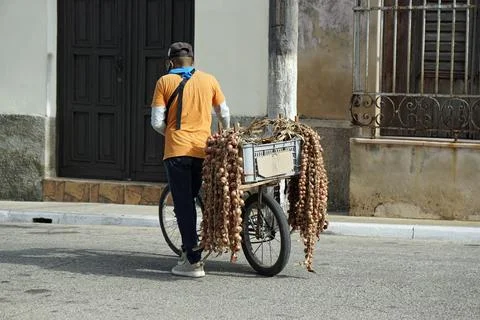  Matanzas, Cuba, circa May 2022: Verdor on Bike selling vegetables Stock Photos