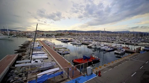 MATARO, SPAIN - MAY 19, 2019: View of port on a sunset. Stock Footage 108277295