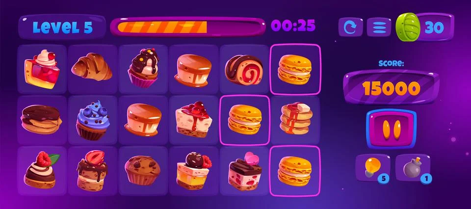Match 3 game interface with cute cakes icons 스톡 일러스트