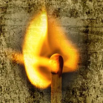 Match and blaze of fire overlap with old wall textured background. retro filt Stock Photos