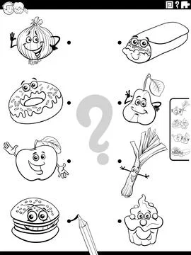 Match cartoon food object characters activity coloring page Ilustração Stock
