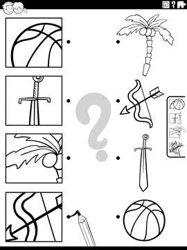 Match cartoon objects and clippings activity coloring page Stock Illustration