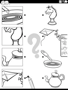 Match cartoon objects and clippings activity coloring page Ilustração Stock