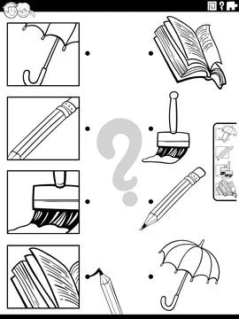 Match cartoon objects and clippings activity coloring page Stock Illustration