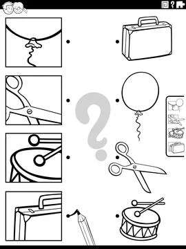 Match cartoon objects and clippings activity coloring page Ilustração Stock