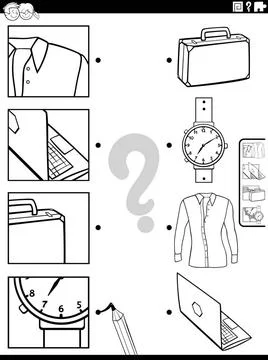 Match cartoon objects and clippings activity coloring page Black and white... Stock Photos
