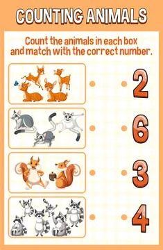 Match by count with different types of animals Illustrazione stock