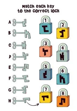 Match each key to the correct lock. Educational logic puzzle for kids Stock-Illustration