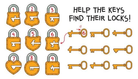 Match each key to the correct lock. Logic puzzle for kids Stock Illustration