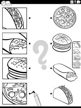 Match food objects and clippings game coloring page Stock-Illustration