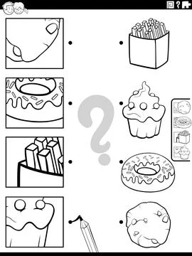 Match food objects and clippings activity coloring page Stock Illustration