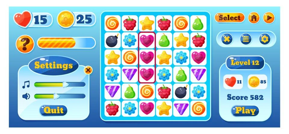Match game ui interface, set of icons for mobile application entertainment Ilustración de archivo
