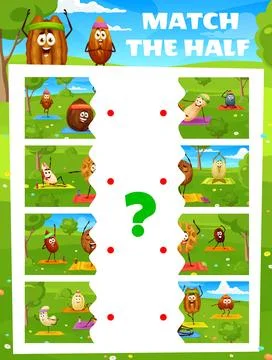 Match the half of cartoon nuts characters on yoga Stock Illustration