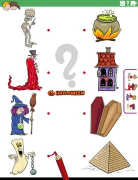 Match Halloween characters and objects educational task Ilustração Stock