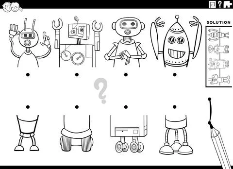 Match halves of comic robots pictures activity coloring page Stock Illustration