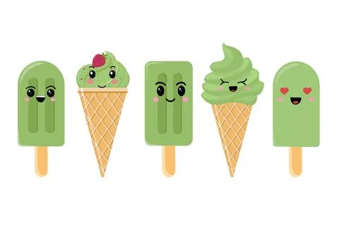 Match Ice Cream set. Match ice cream icon in kawaii style,isolated vector for Illustrazione stock