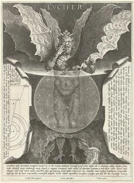 Match; LVCIFER. A three-peak devil with six wings stands with his feet in ... Stock Photos