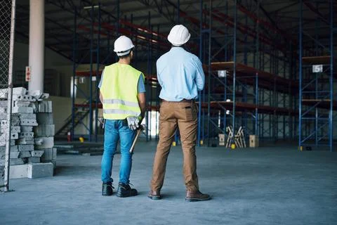 A match made in engineering having. two builders inspecting a construction site. Stock Photos