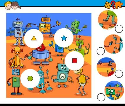 Match pieces jigsaw puzzles with robots 스톡 일러스트