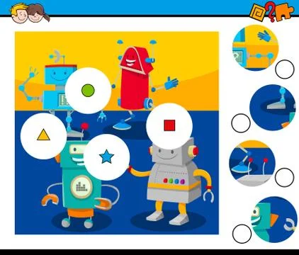 Match pieces puzzle with comic robots Stock Illustration