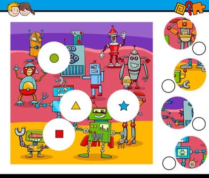 Match pieces puzzle with robots 스톡 일러스트