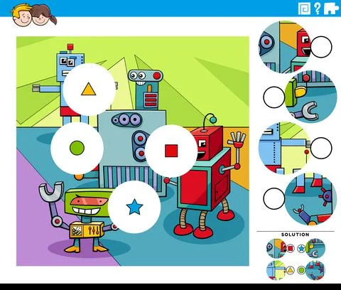Match pieces task with cartoon robot characters Illustrazione stock