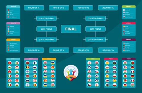Match schedule, template for web, print, football results table, flags of Eur 스톡 일러스트
