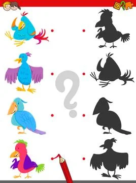 Match shadows activity with Bird Characters Cartoon Illustration of Matchi... Stock Photos
