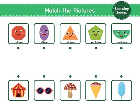 Match the shapes with objects game for kids. Learning shapes activity page Stock Illustration