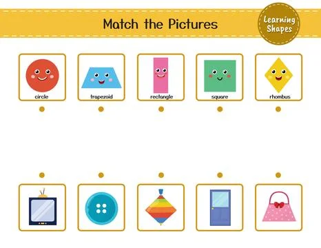 Match the shapes with objects. Puzzle activity page for kids. Learning shapes Stock Illustration
