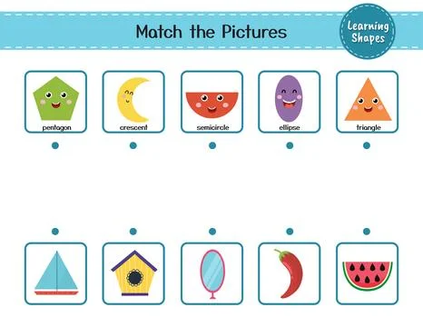 Match the shapes with objects. Puzzle activity page for kids. Learning shapes Stock Illustration