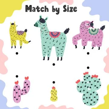 Match by size llamas to cactuses. Activity page template Stock Illustration