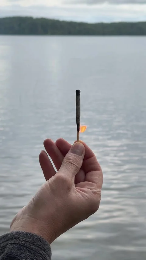 Match slowly burning down over lake water. Small flame consuming wood in a .. Stock Footage 340545125