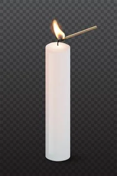 Match stick igniting candle wick, flame fire on candlestick, realistic small 스톡 일러스트