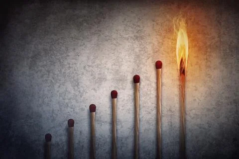Match sticks arranged in shape of a increasing graph with the top one match.. Stock Photos