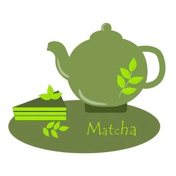 Match. A teapot with green tea and a piece of matcha pie. Tea time. Cooking Stock Illustration