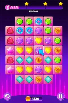 Match3 Candy Puzzle Game Screen, Candy themed. UI game, buttons and set of .. Stock Illustration