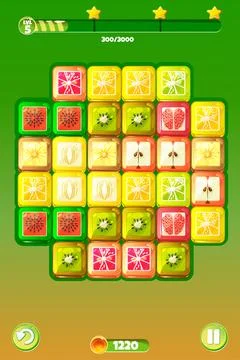 Match3 Candy Puzzle Game Screen, Candy or fruits themed. UI game, buttons and Stock Illustration